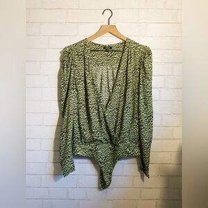 AFRM Green Leopard Print Long Sleeve Bodysuit